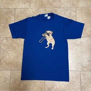 New Adult size small Blue Pug Playing Trombone Graphic Dog T-Shirt
